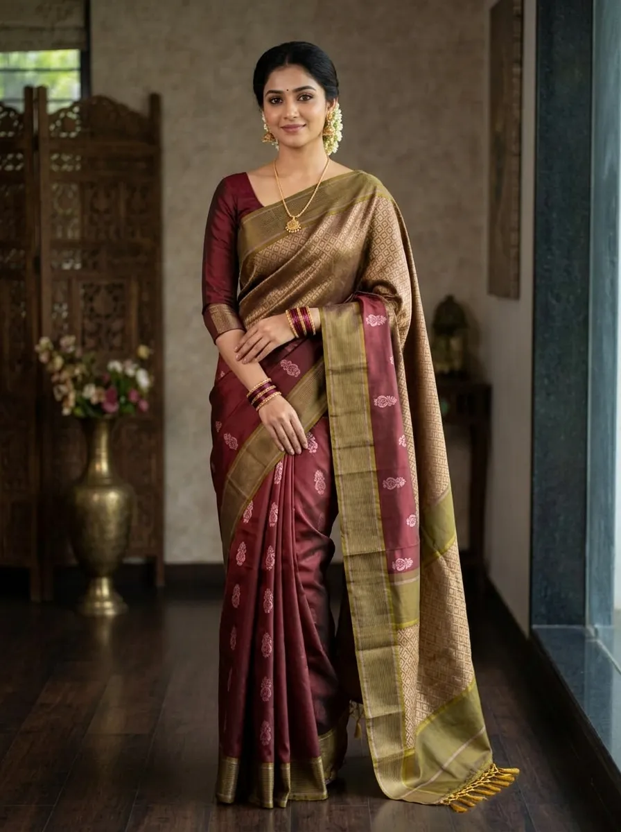 Antique Gold & Wine Brown Saree